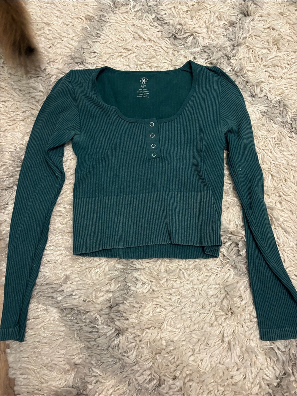 Ribbed Scoop Neck Long Sleeve Top - Teal